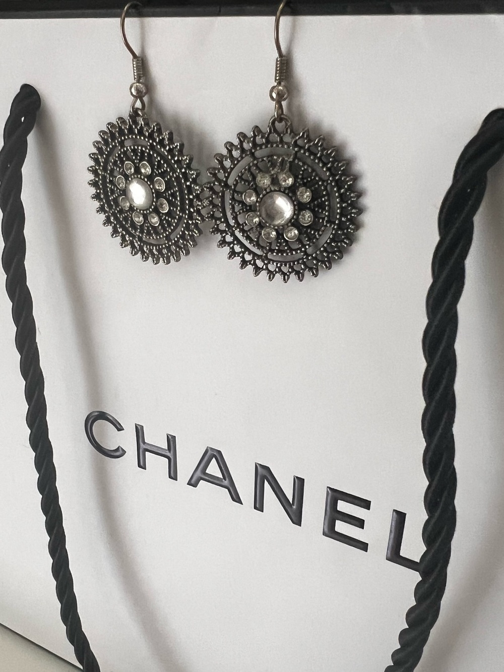5/$25 Silver Filigree Drop Earrings with Clear Stones